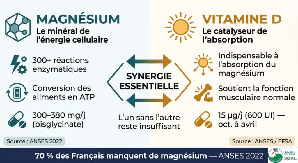 Synergie magnésium vitamine D contre la fatigue printanière après 40 ans