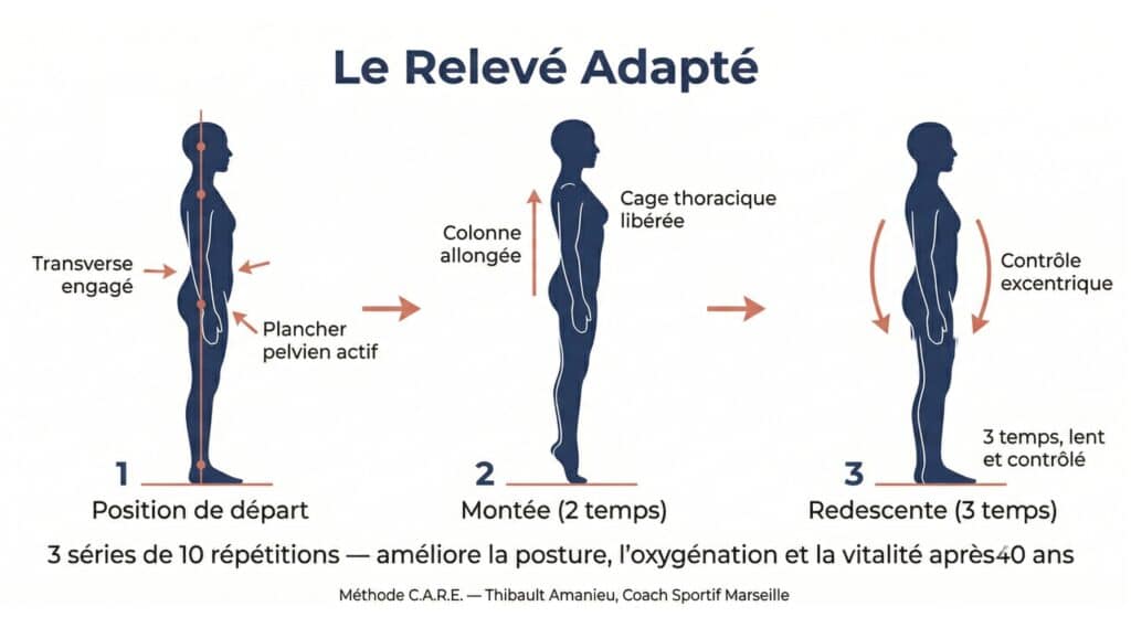 Exercice relevé adapté méthode C.A.R.E. posture et énergie après 40 ans